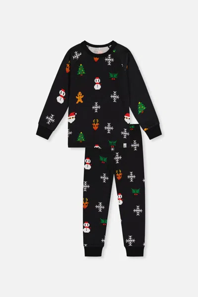 Deux Par Deux Kids' Organic Cotton Two Piece Pajama Set Black Christmas Pixel Print