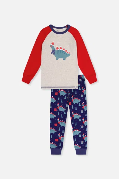 Deux Par Deux Kids' Organic Cotton Two Piece Pajama Set Blue Dinosaur Print In Red