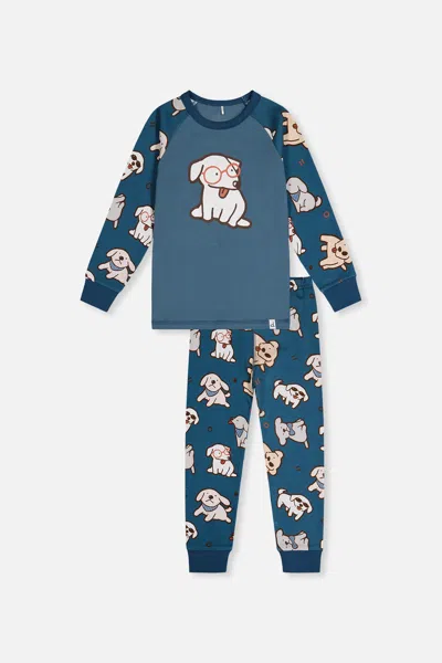 Deux Par Deux Kids' Organic Cotton Two Piece Pajama Set Turquoise Dog Print In Blue