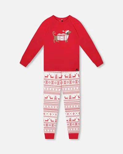 Deux Par Deux Kids' Organic Cotton Two-piece Pajama Set Red And White Fairisle In Multi