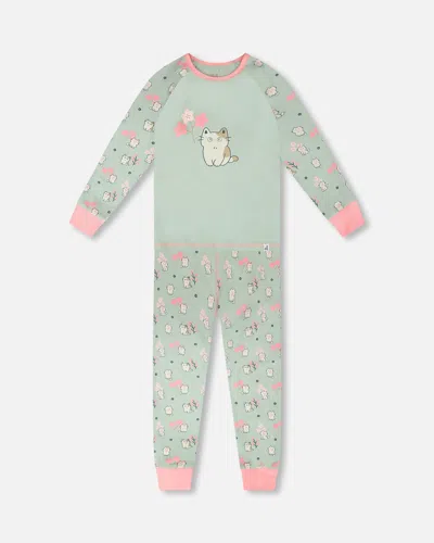 Deux Par Deux Kids' Organic Cotton Two-piece Pyjama Set Green Kitten Print
