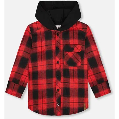 Deux Par Deux Babies'  Plaid Flannel Shirt With Hoodie In Red