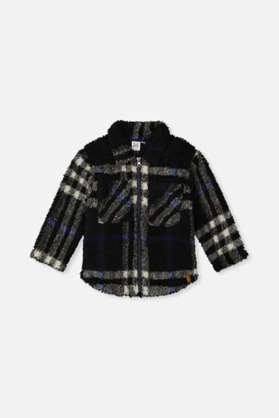 Deux Par Deux Kids' Zipped Overshirt Black And Blue Plaid