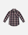 Deux Par Deux Girl's Long Sleeve Button Front Tunic Flannel Shirt Plaid Navy And Pink In Plaid Outdoor