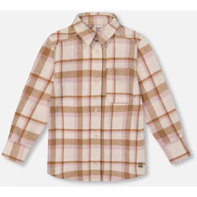 Deux Par Deux Kids'  Plaid Overshirt In Brown