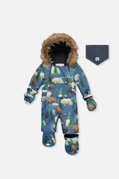 Deux Par Deux Babies'  Play Bear Faux Fur Hood Car Seat One Piece Snowsuit In Blue