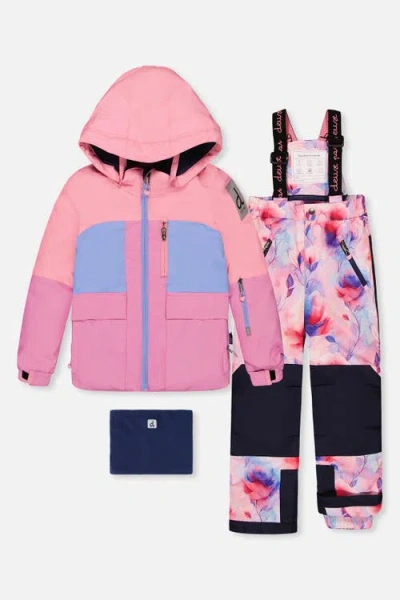 Deux Par Deux Kids'  Play Colorblock Jacket & Floral Pants Two Piece Snowsuit In Pink