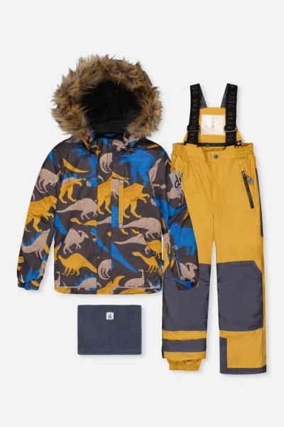 Deux Par Deux Kids'  Play Dinosaur Jacket & Reinforced Pants Two Piece Snowsuit In Yellow