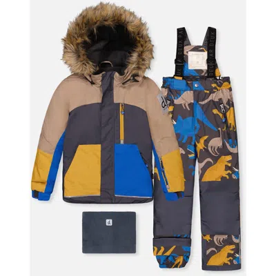 Deux Par Deux Kids'  Play Faux Fur Hood Jacket & Dinosaur Pants Two Piece Snowsuit In Multi