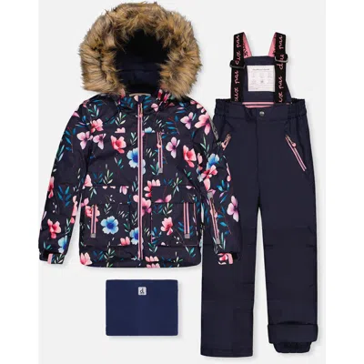 Deux Par Deux Kids'  Play Floral Jacket & Pants Two Piece Snowsuit In Blue