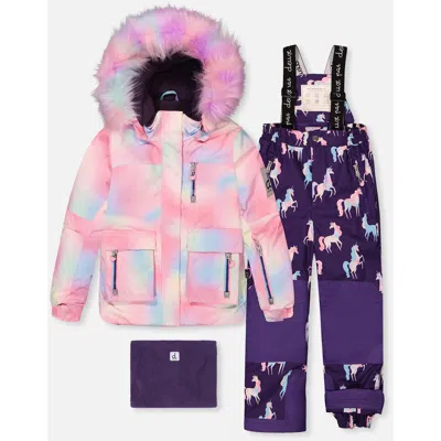 Deux Par Deux Kids'  Play Multicolored Jacket & Unicorn Pants Two Piece Snowsuit In Purple