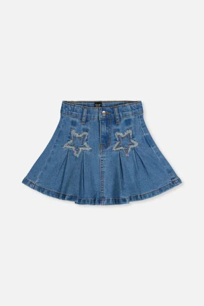 Deux Par Deux Kids'  Pleated Denim Elastic Waistband Star Appliqué Skirt In Blue