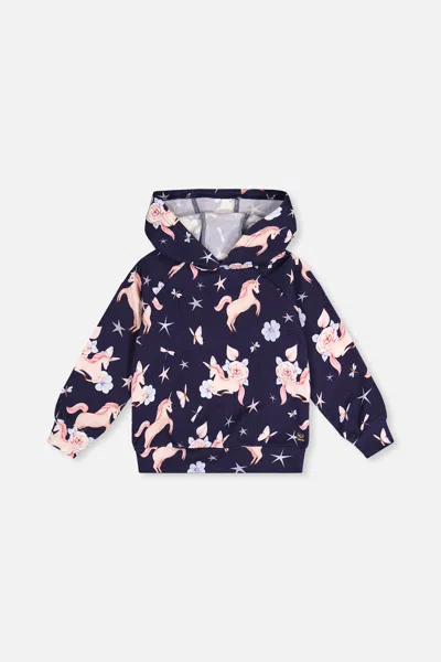 Deux Par Deux Kids' Printed Hoodie Purple Unicorn Print In Blue