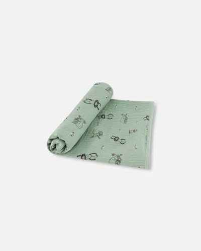 DEUX PAR DEUX PRINTED MUSLIN BLANKET SAGE MONKEY