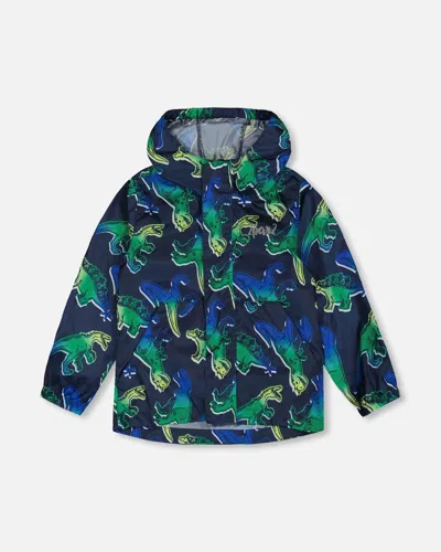 Deux Par Deux Kids' Printed Packable Windbreaker Blue And Green Dino On Navy In Multi