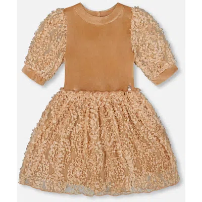 Deux Par Deux Kids'  Puff Sleeve Bi-material Velour And Lace Dress In Brown
