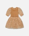 Deux Par Deux Puff Sleeve Bi-material Velour And Lace Dress In Brown