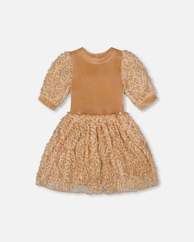 DEUX PAR DEUX DEUX PAR DEUX PUFF SLEEVE BI-MATERIAL VELOUR AND LACE DRESS
