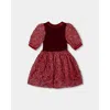Deux Par Deux Puff Sleeve Bi-material Velour And Lace Dress In Red
