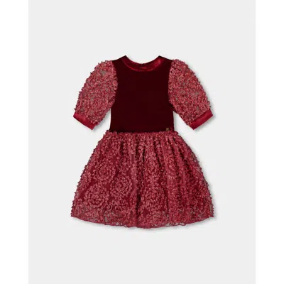 Deux Par Deux Kids'  Puff Sleeve Bi-material Velour And Lace Dress In Red