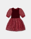 Deux Par Deux Kids'  Puff Sleeve Bi-material Velour And Lace Dress In Red