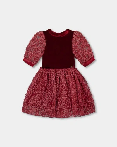Deux Par Deux Kids'  Puff Sleeve Bi-material Velour And Lace Dress In Red