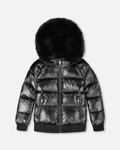 Deux Par Deux Kids'  Quilted Bomber-style Winter Coat In Black