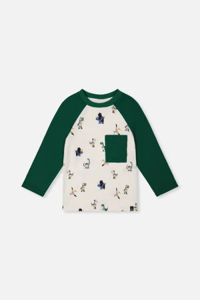 Deux Par Deux Kids'  Raglan Dino Allover Crew Neck Long Sleeve T-shirt In Green
