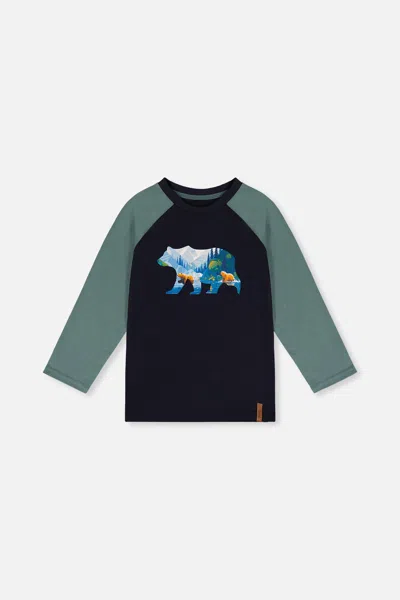 Deux Par Deux Kids' Raglan T-shirt Dark Blue And Green