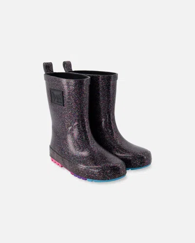 Deux Par Deux Kids' Rain Boots In Natural Rubber Black Glitter In Purple