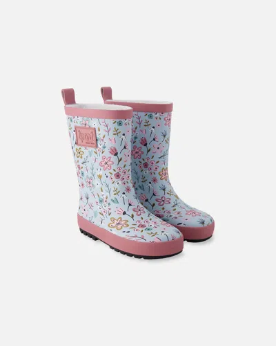Deux Par Deux Kids' Rain Boots In Natural Rubber Blue Mini Flower Print In Multi