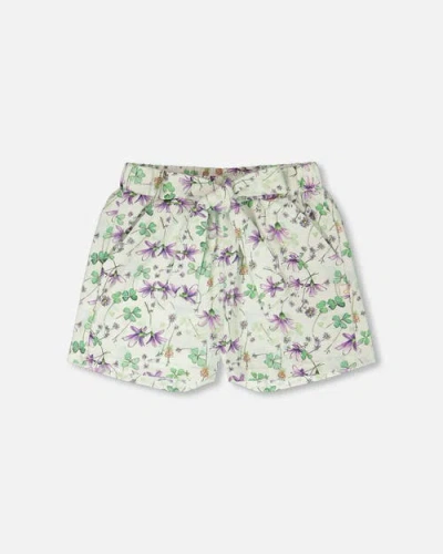 Deux Par Deux Babies'  Relaxed Cut Jersey Printed Flowers Shorts In Green