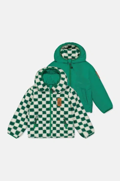 Deux Par Deux Kids'  Reversible Fleece Hooded Zip Pocket Mid-season Jacket In Green