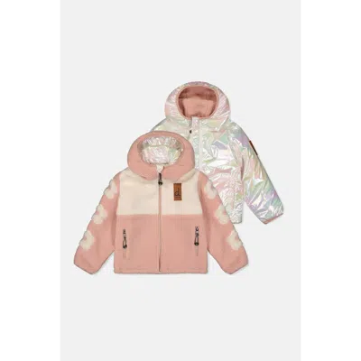 Deux Par Deux Kids'  Reversible Mid-season Fleece Flower Sleeve Hooded Jacket In Pink
