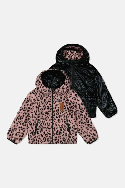 Deux Par Deux Kids'  Reversible Mid-season Hooded Fleece Jacket In Black