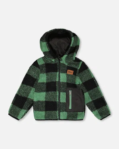 Deux Par Deux Kids' Reversible Mid-season Sherpa Jacket Teal Plaid In Multi