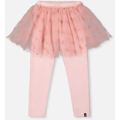 Deux Par Deux Kids'  Rib Leggings With Integrated Tulle Skirt In Pink