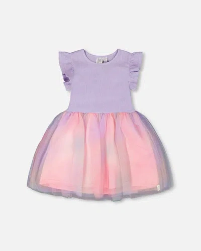 Deux Par Deux Kids'  Short Flutter Sleeve Bi-material Mesh Dress In Multi