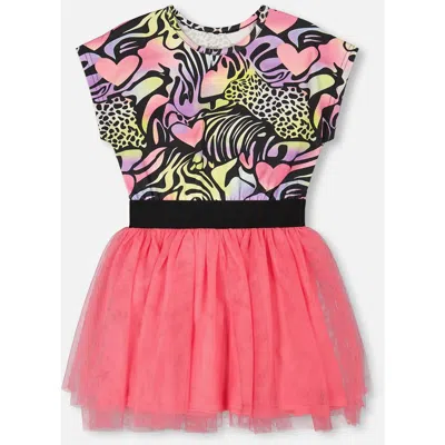 Deux Par Deux Kids'  Short Sleeve Bi-material Animal And Heart Dress In Pink