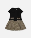 Deux Par Deux Short Sleeve Bi-material Milano And Jacquard Knit Dress In Green