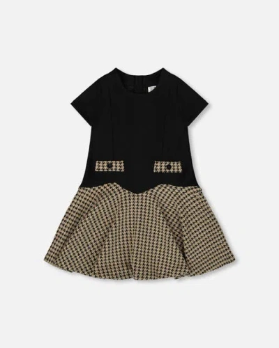 Deux Par Deux Kids'  Short Sleeve Bi-material Milano And Jacquard Knit Dress In Green