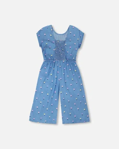Deux Par Deux Kids'  Short Sleeve Chambray Flower Jumpsuit In Blue