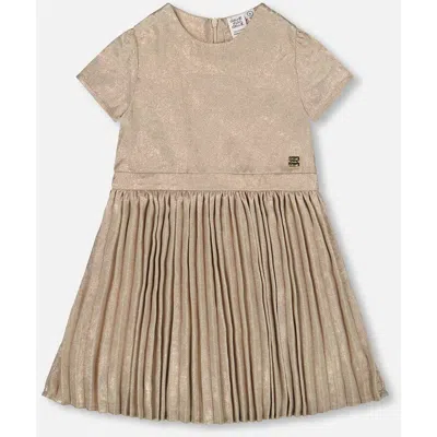 Deux Par Deux Kids'  Short Sleeve Dress With Pleated Skirt In Gray