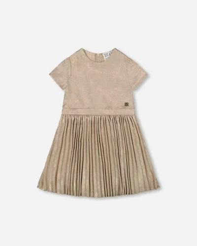 Deux Par Deux Kids'  Short Sleeve Dress With Pleated Skirt In Neutral