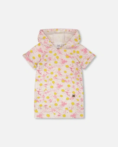 Deux Par Deux Kids'  Short Sleeve French Terry Hooded Daisies Dress In Multi