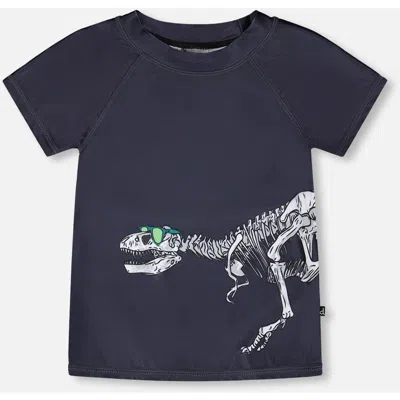 Deux Par Deux Kids'  Short Sleeve Graphic Dinosaur Rashguard In Blue