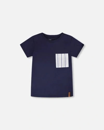 Deux Par Deux Kids'  Short Sleeve Jersey T-shirt With Chest Pocket In Blue