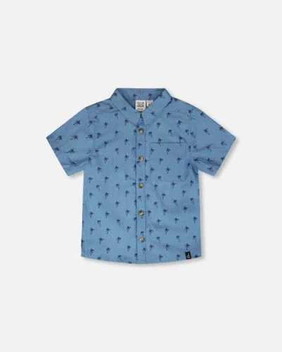 Deux Par Deux Kids'  Short Sleeve Palm Chambray Shirt In Blue