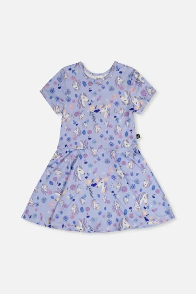 Deux Par Deux Kids'  Short Sleeve Unicorn Drop Waist Dress In Blue