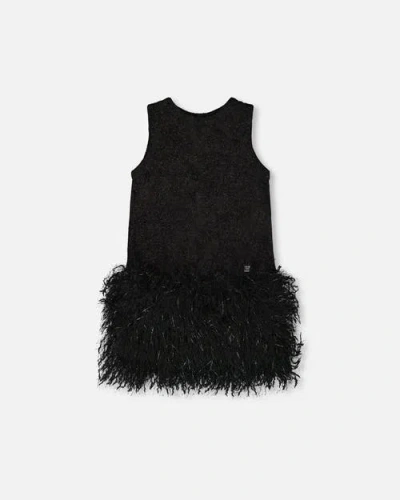 Deux Par Deux Kids'  Sleeveless Bi-material Lurex Dress With Feathers In Black
